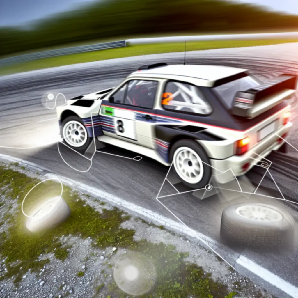 Infograficzny podgląd modelu jazdy w Rush Rally Origins z zaznaczonymi siłami działającymi na samochód