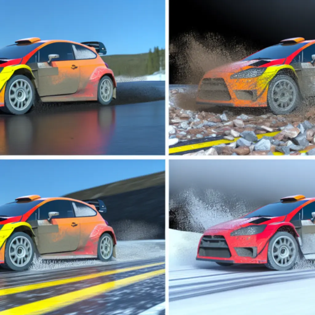 Porównanie zachowania samochodu na asfalcie, szutrze, ziemi i śniegu w Rush Rally Origins