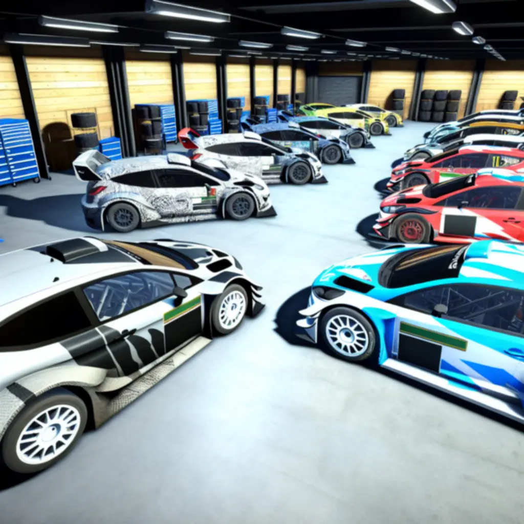 Samochody rajdowe w garażu w grze Rush Rally Origins