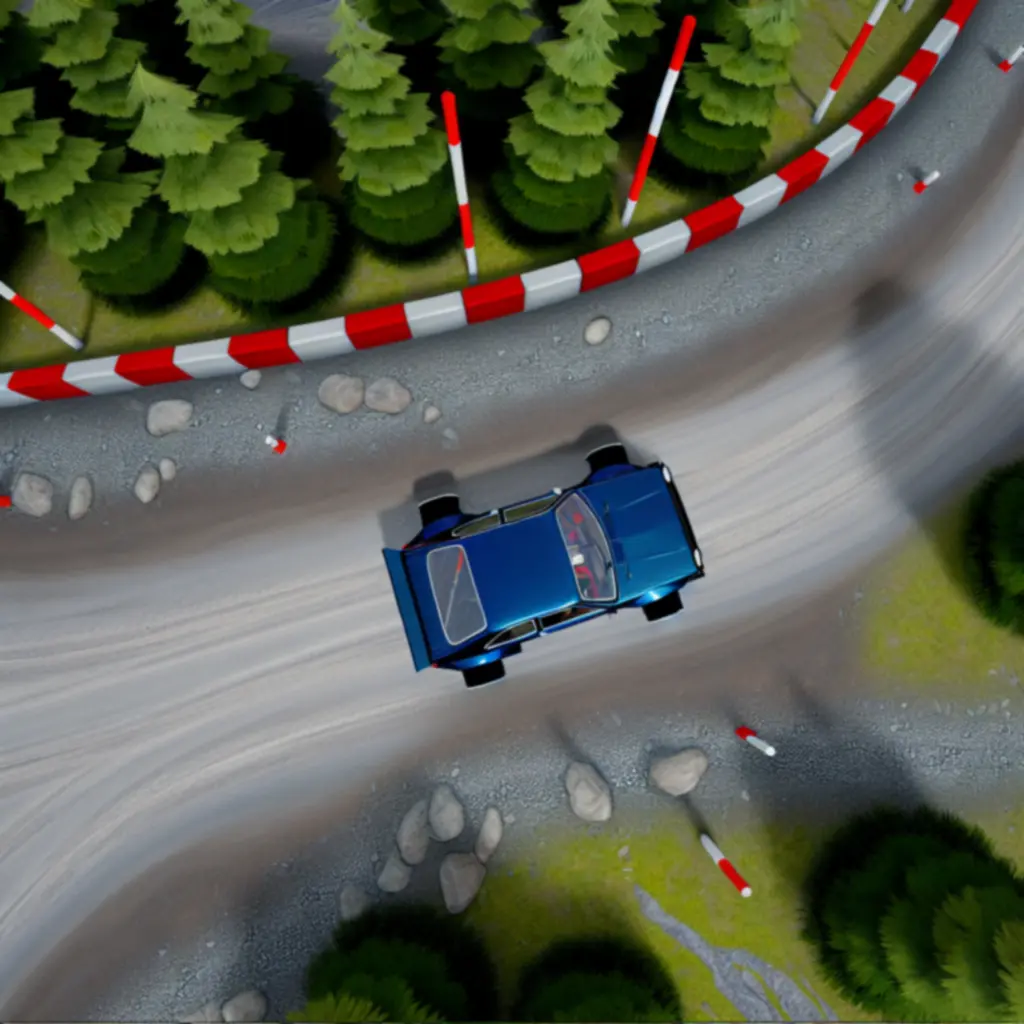 Widok z góry na samochód rajdowy na krętej trasie w Rush Rally Origins